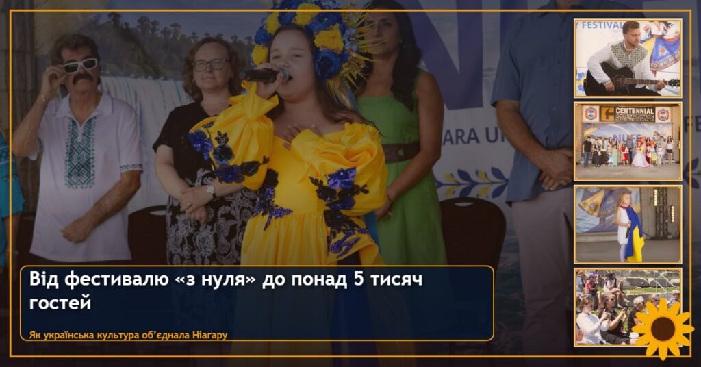 Колаж із фотографій Niagara Ukrainian Family Festival: дівчинка у жовто-блакитній сукні співає на сцені, музикант із гітарою, діти з прапорами та глядачі.