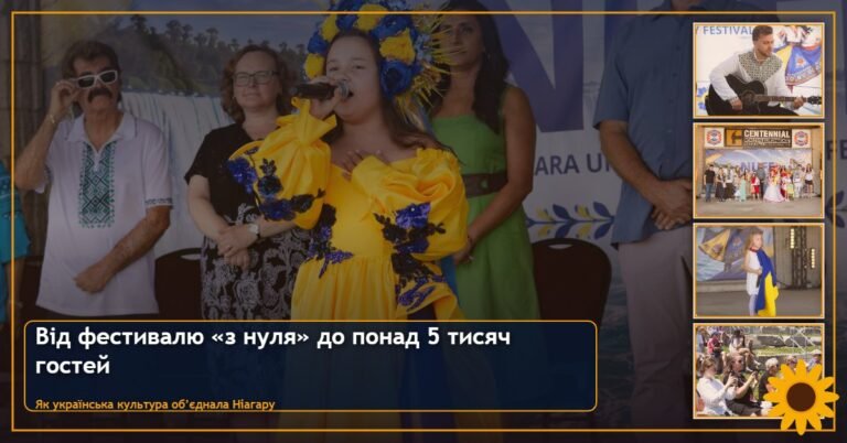 Колаж із фотографій Niagara Ukrainian Family Festival: дівчинка у жовто-блакитній сукні співає на сцені, музикант із гітарою, діти з прапорами та глядачі.