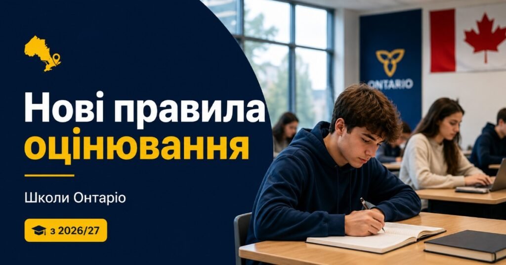 Афіша про нові правила оцінювання у школах Онтаріо з 2026 року із зображенням учня в класі.