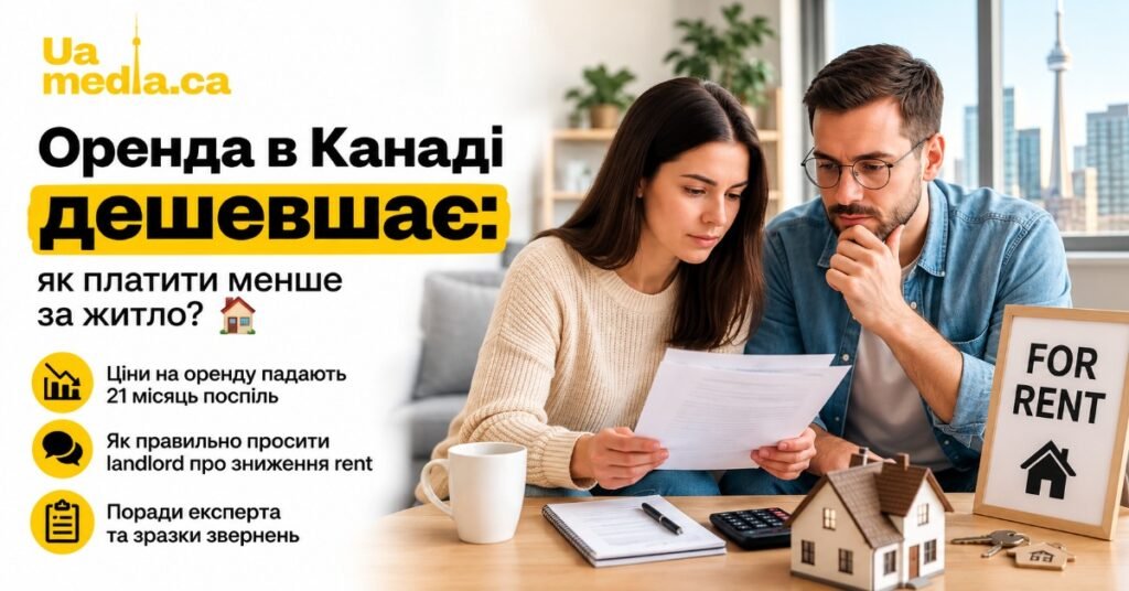 Пара орендарів вивчає документи про оренду житла в Канаді на фоні вікна з видом на місто