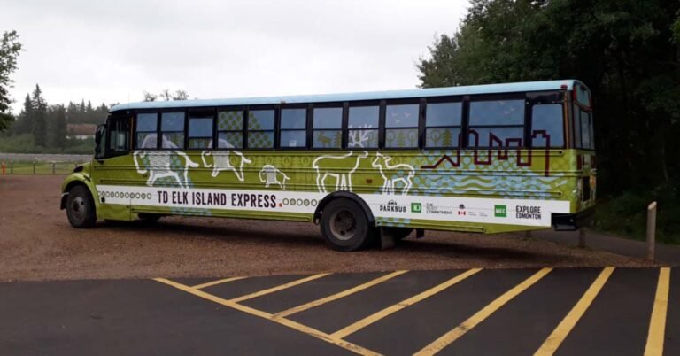 Зелено-блакитний автобус із написом TD Elk Island Express та ілюстраціями диких тварин, припаркований на майданчику біля лісу.