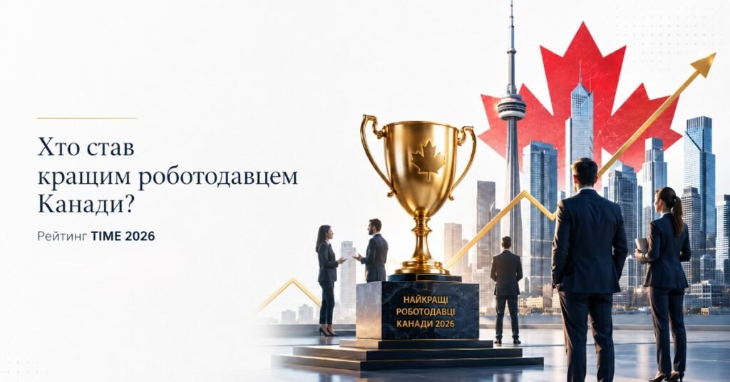 Золотий кубок з кленовим листом на фоні хмарочосів Торонто в анонсі рейтингу найкращих роботодавців Канади 2026 року.
