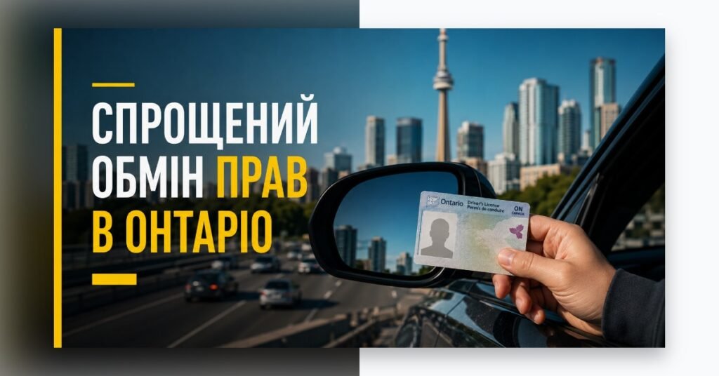 Афіша про спрощений обмін водійських прав в Онтаріо з рукою, що тримає посвідчення на фоні Торонто.