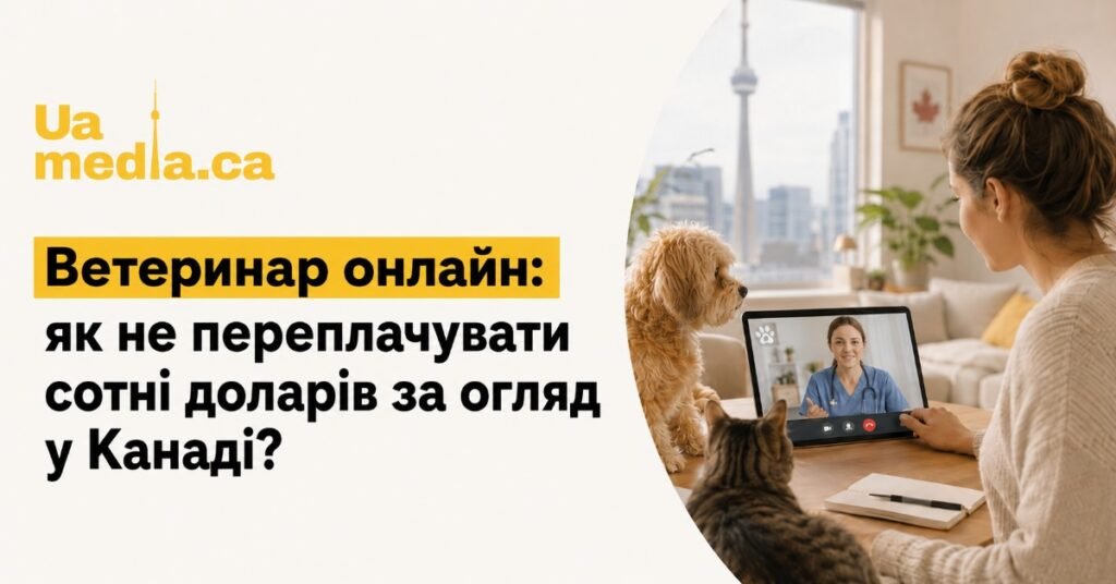 Жінка з собакою та котом консультується з ветеринаром через планшет на фоні панорами Торонто