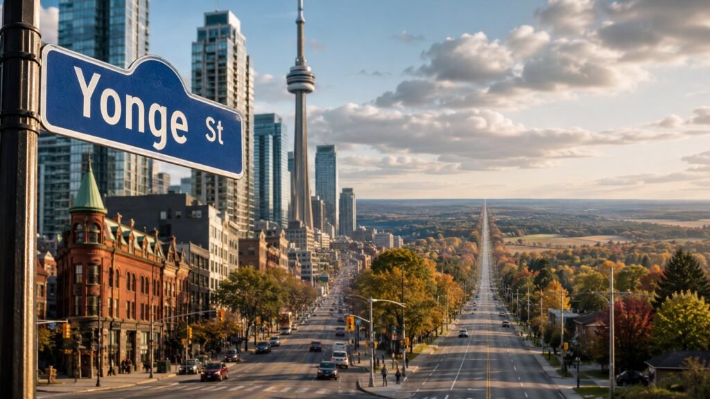 Синій дорожній знак з написом Yonge St на фоні панорами Торонто з вежею Сі-Ен Тауер та нескінченною дорогою восени.