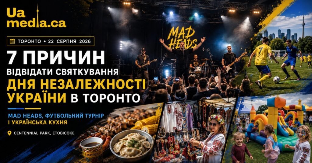 Колаж до святкування Дня Незалежності України в Торонто з гуртом Mad Heads, футболістами, українськими стравами та ярмарком.