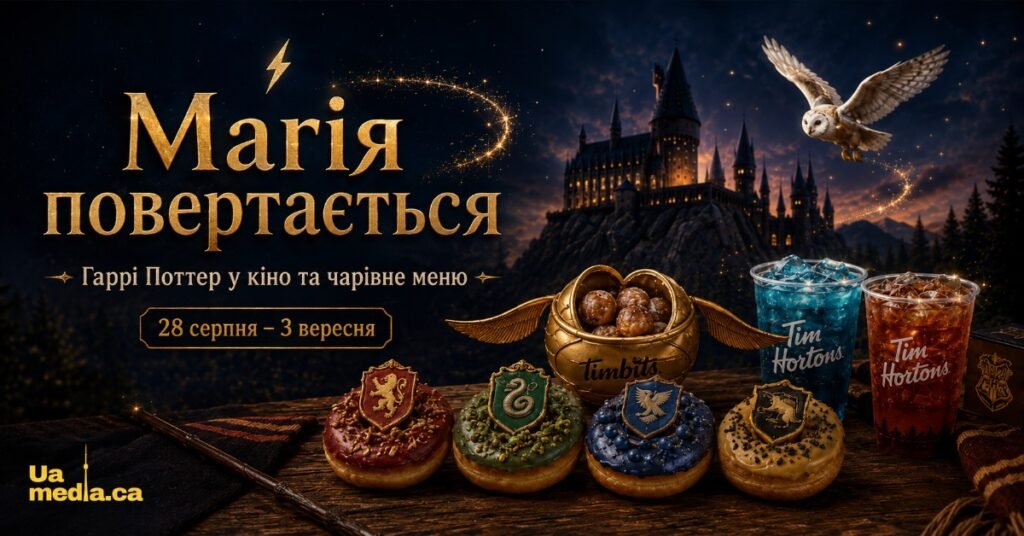 Тематичне меню Tim Hortons за мотивами Гаррі Поттера: донати чотирьох факультетів, золотий снитч із тімбітсами та напої на фоні Гоґвортсу.