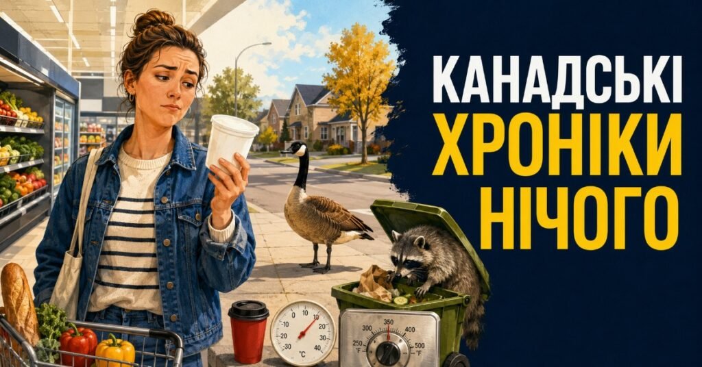 Ілюстрація до проєкту Канадські хроніки нічого: жінка в супермаркеті, канадський гусак, єнот у смітнику та вимірювальні прилади