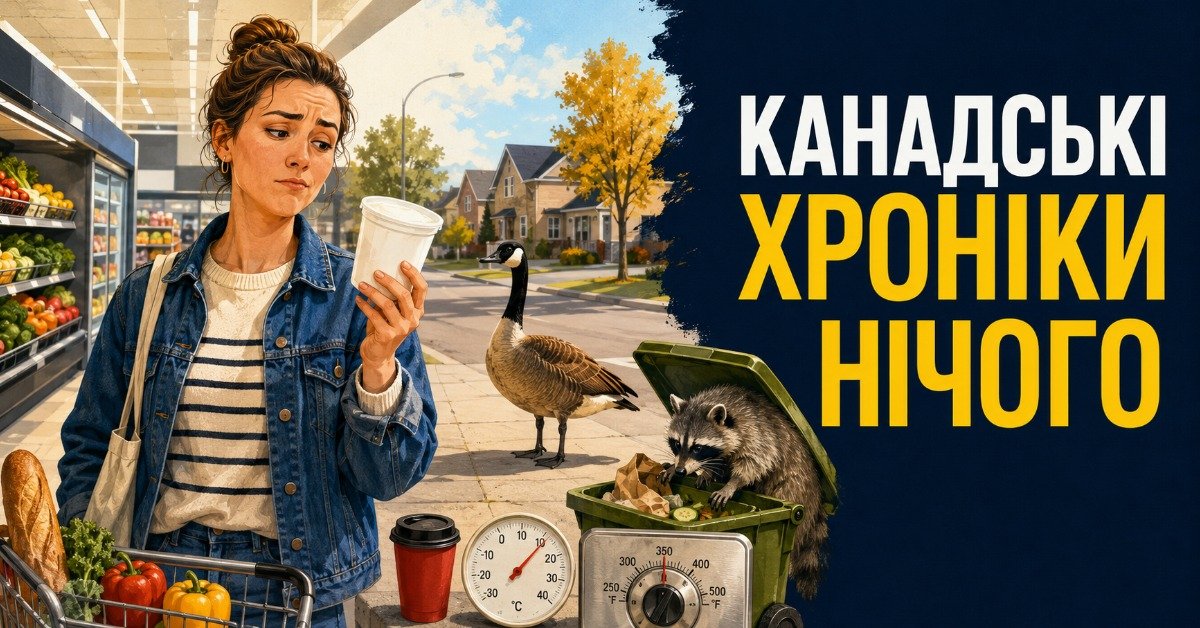 Ілюстрація до проєкту Канадські хроніки нічого: жінка в супермаркеті, канадський гусак, єнот у смітнику та вимірювальні прилади