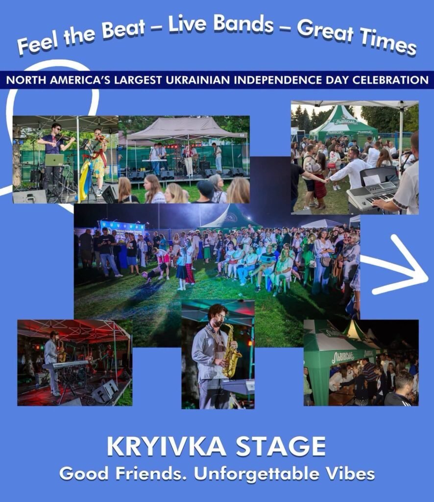 Колаж фотографій зі сцени Kryivka Stage: виступи скрипалів, саксофоніста та гуртів, танці гостей на траві та вечірня атмосфера фестивалю в Торонто.