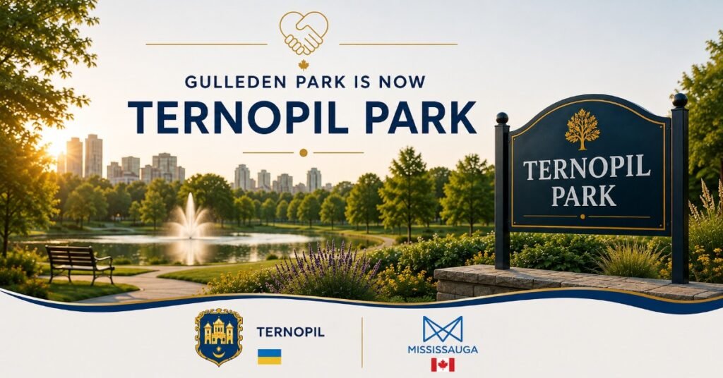Афіша про перейменування Gulleden Park на Ternopil Park у місті Місісаґа, Канада, із зображенням парку та символікою міст