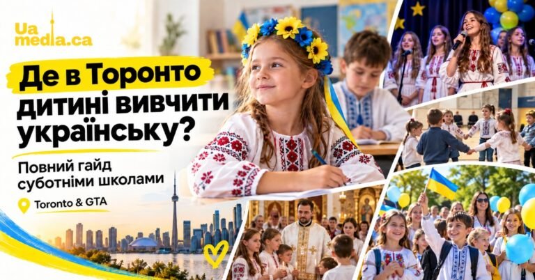 Колаж з українською символікою: дівчинка у віночку та вишиванці за партою, діти на уроках, виступах та заходах в Торонто.