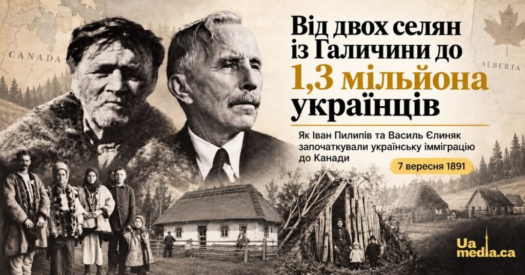 Історичний колаж із портретами перших українських переселенців до Канади — Івана Пилипіва та Василя Єлиняка.