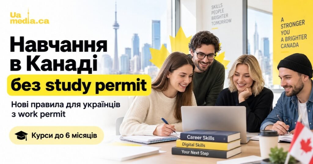 Інформаційний банер про навчання в Канаді без study permit із зображенням студентів на фоні Торонто.