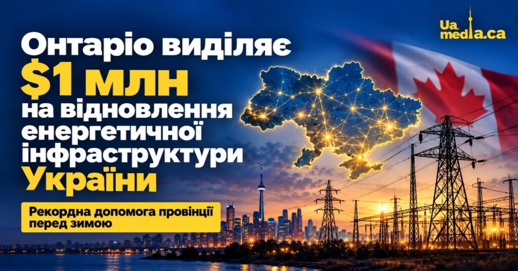 Інфографіка про виділення 1 млн доларів Онтаріо для енергетики України на фоні карти України та панорами Торонто