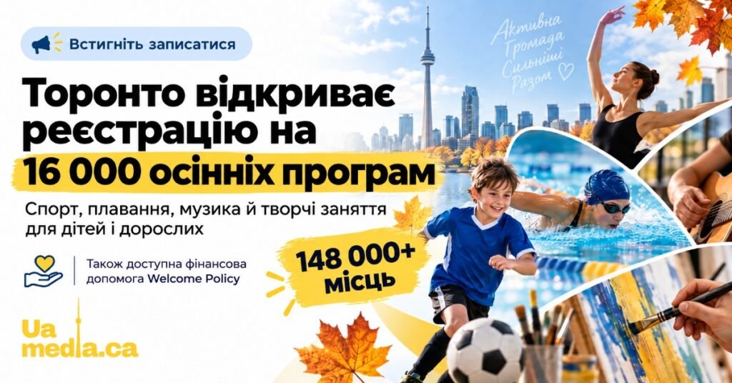 Колаж про осінні програми в Торонто: плавання, футбол, танці, музика та малювання на фоні панорами міста.