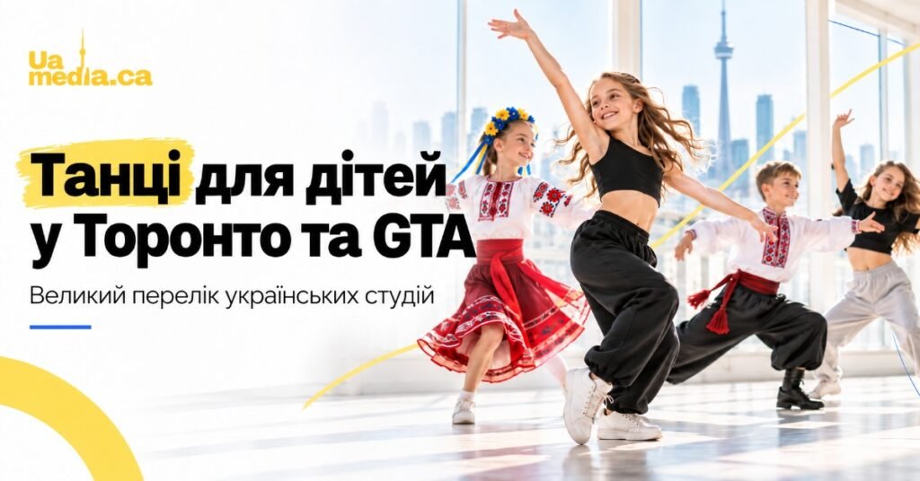 Діти танцюють у хореографічній студії на фоні панорами Торонто, поєднуючи українські народні костюми та сучасний одяг