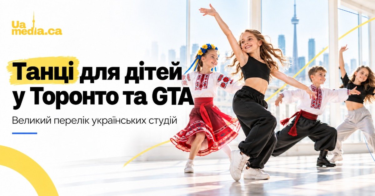 Діти танцюють у хореографічній студії на фоні панорами Торонто, поєднуючи українські народні костюми та сучасний одяг