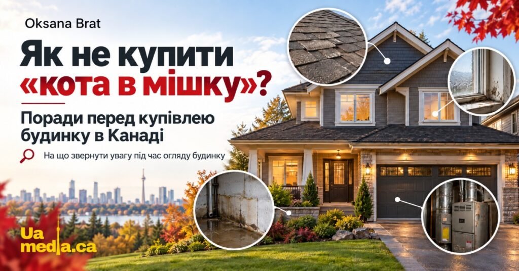 Афіша з порадами щодо купівлі будинку в Канаді, де на фоні гарного котеджу показано приховані дефекти: пошкоджений дах, пліснява на вікнах, протікання у підвалі та стара система опалення.