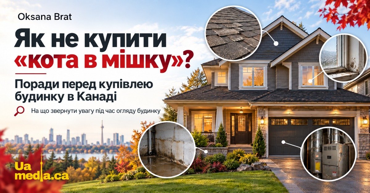 Афіша з порадами щодо купівлі будинку в Канаді, де на фоні гарного котеджу показано приховані дефекти: пошкоджений дах, пліснява на вікнах, протікання у підвалі та стара система опалення.