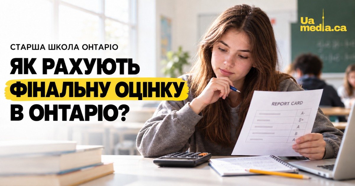 Дівчина-учениця тримає в руках табель Report Card та аналізує свої оцінки в канадській школі.