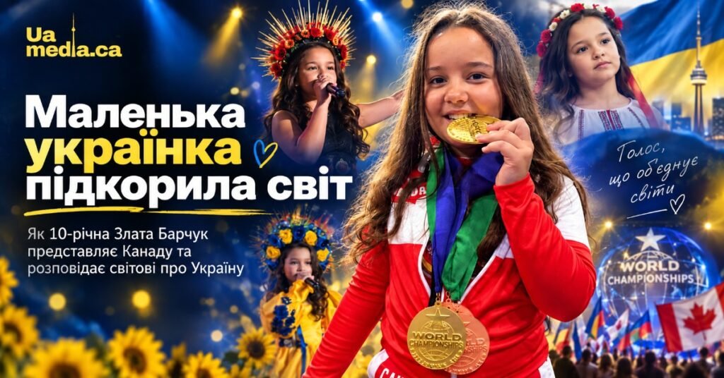 Колаж із фотографій 10-річної співачки Злати Барчук із золотими медалями на фоні її сценічних виступів в українських вінках та прапора України.