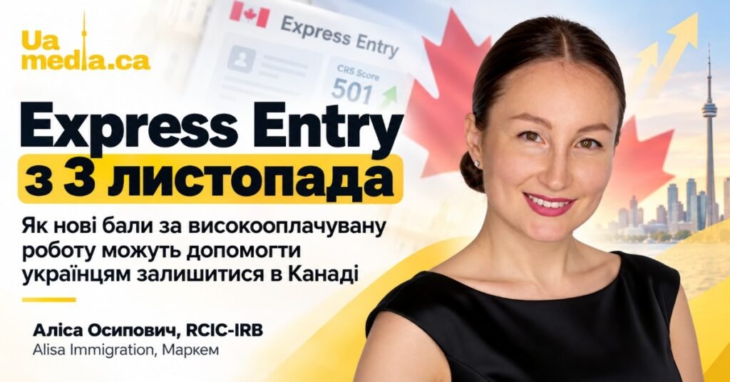 Портрет Аліси Осипович на фоні панорами Торонто та канадського прапора з анонсом змін у системі Express Entry.