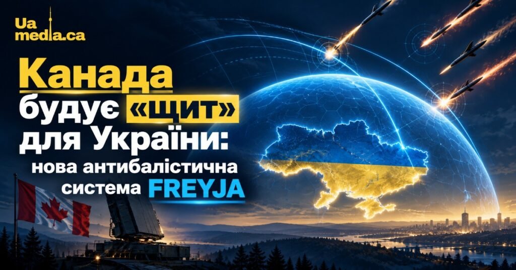 Футуристична система ППО FREYJA у вигляді захисного купола над картою України з перехопленням балістичних ракет