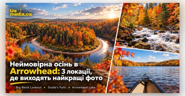 Колаж осінніх краєвидів парку Ерроугед: вигин річки Big Bend Lookout, водоспад Stubb's Falls та озеро Arrowhead Lake