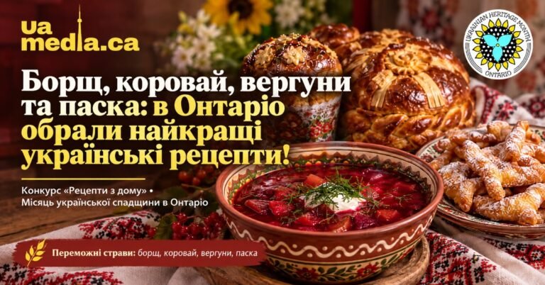 Традиційні українські страви: борщ, коровай, паска та вергуни на фоні вишитого рушника