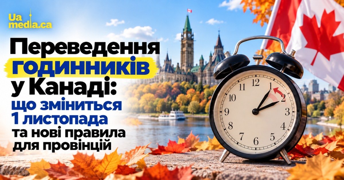 Чорний механічний будильник на фоні канадського Парламенту в Оттаві та осіннього листя