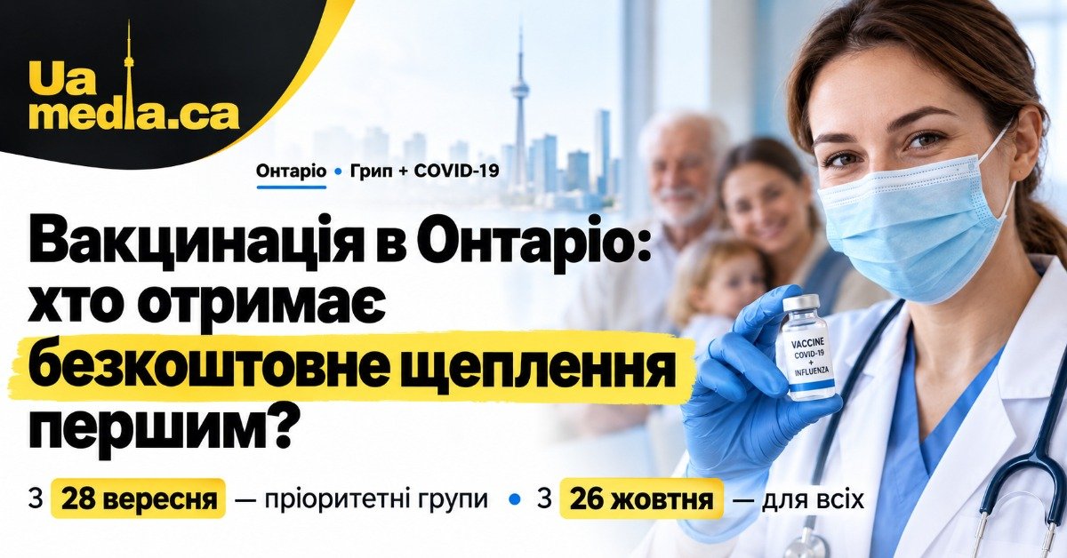 Медсестра в масці тримає флакон вакцини проти грипу та COVID-19 на фоні Торонто та сім'ї
