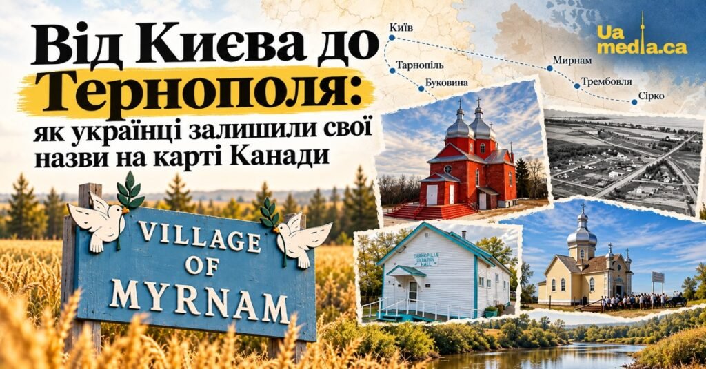 Колаж із зображеннями української спадщини в Канаді: знак селища Мирнам, стародавні церкви, український народний дім у Тарнополі та карта з українськими назвами.