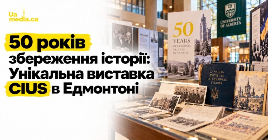 Афіша виставки до 50-річчя Канадського інституту українських студій CIUS в Університеті Альберти.
